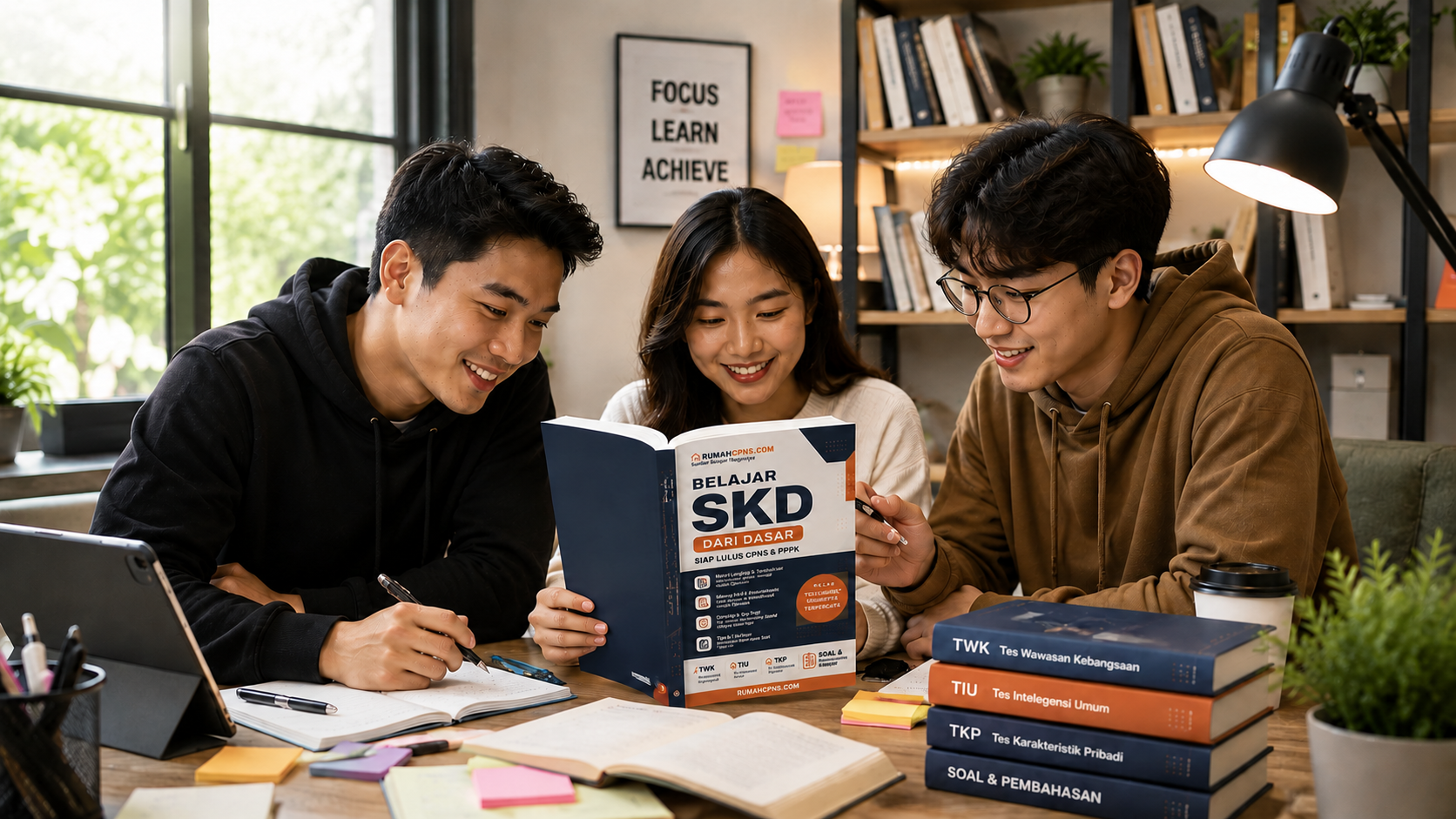 Pelajar belajar bersama dengan buku SKD RumahCPNS